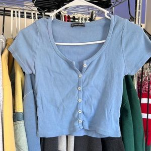 Blue short sleeve button down crop top